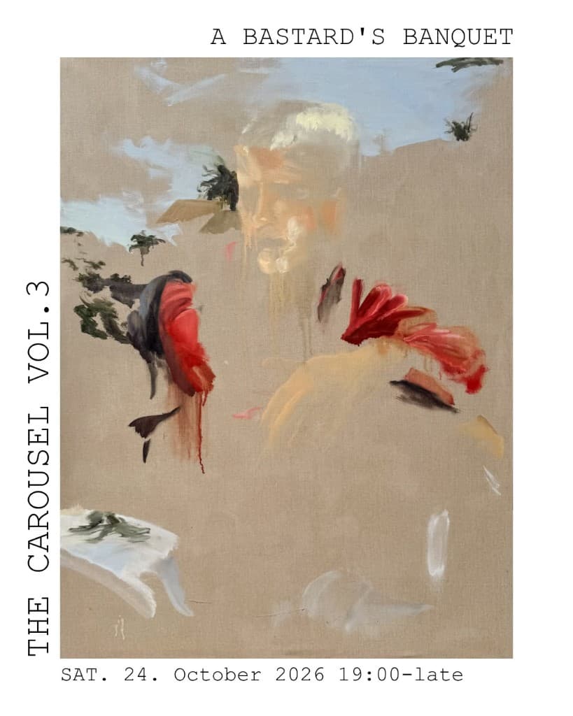 Flyer for The Carousel Vol. 3, A Bastard's Banquet: an oil painting of a pale face and red forms on raw linen